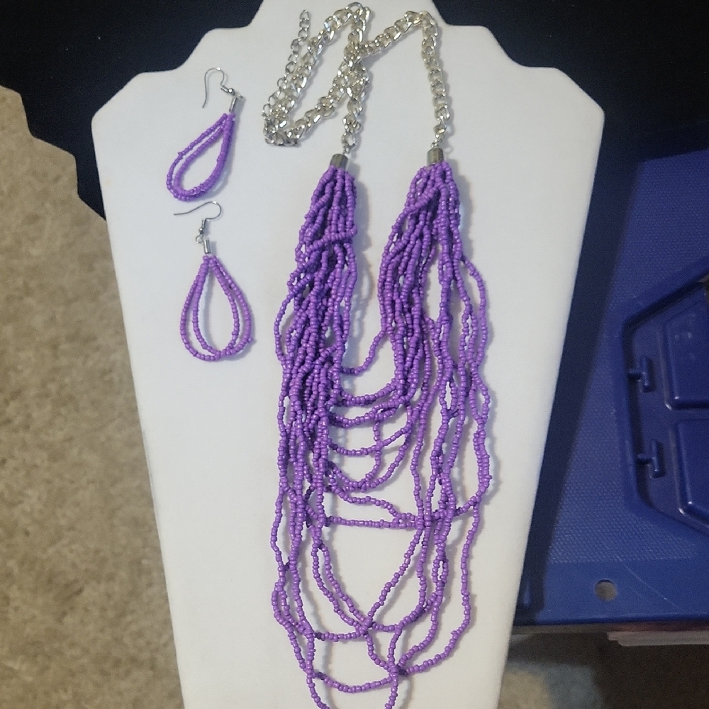 Purple Beaded Necklace and Earring Set